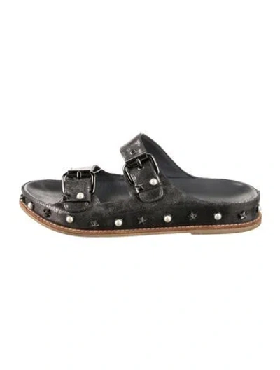 Pre-owned Stuart Weitzman Leather Studded Accents Slides In Gray