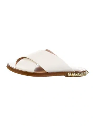 Pre-owned Stuart Weitzman Leather Studded Accents Slides In White