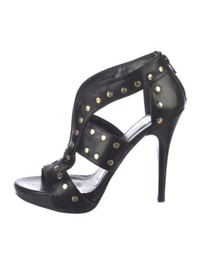 Pre-owned Stuart Weitzman Leather Studded Accents T-strap Sandals In Black