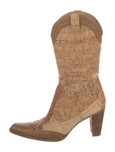 Pre-owned Stuart Weitzman Leather Trim Embellishment Western Boots In Brown