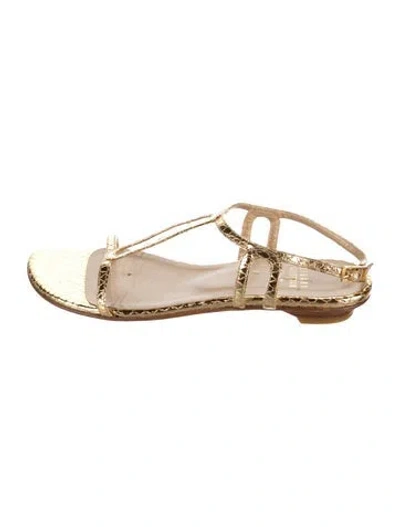Pre-owned Stuart Weitzman Leather T-strap Sandals In Gold
