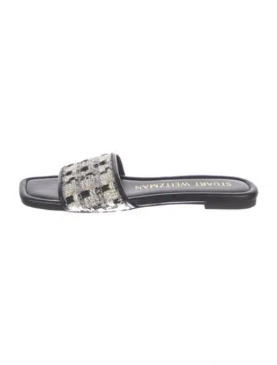 Pre-owned Stuart Weitzman Leather Tweed Pattern Slides In Black