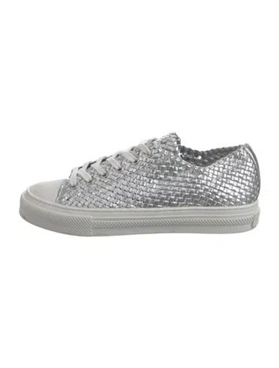 Pre-owned Stuart Weitzman Leather Tweed Pattern Sneakers In Metallic/silver