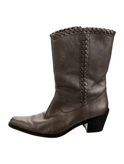 Pre-owned Stuart Weitzman Leather Whipstitch Trim Western Boots In Gold