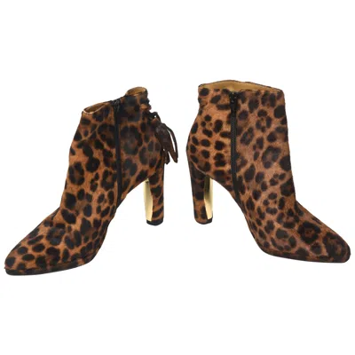Pre-owned Stuart Weitzman Leopard Pony Hair Ankle Boots With Gold Heel In Black