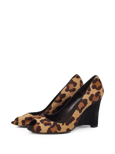 Pre-owned Stuart Weitzman Leopard-print Peep-toe Wedge Pumps In Brown