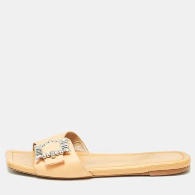 Stuart Weitzman Light Orange Leather Crystal Embellished Shine Buckle Flat Slides In Brown