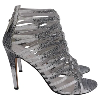 Pre-owned Stuart Weitzman Loops Strappy Sandals In Grey Python-embossed Leather In Gray