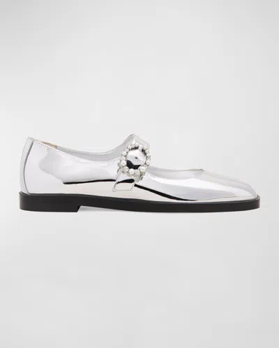Stuart Weitzman Loralei Metallic Crystal Mary Jane Flats In Silver