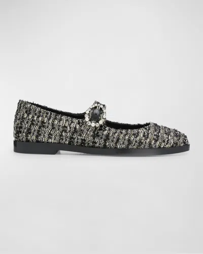 Stuart Weitzman Loralei Tweed Crystal Mary Jane Flats In Black