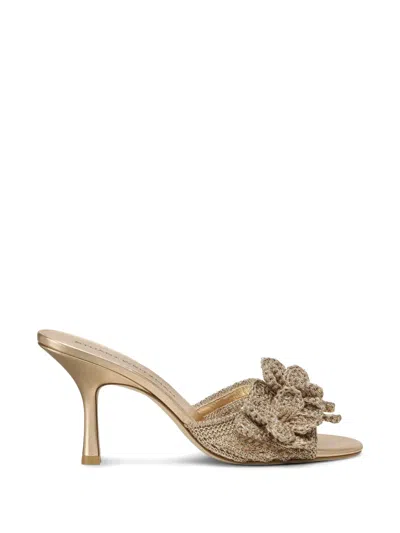 Stuart Weitzman Lotus Floral-appliqué Crochet-knit Sandals In Gold