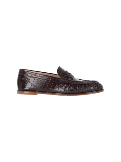 Stuart Weitzman Crocodile-embossed Loafer Flats With Glossy Finish In Brown