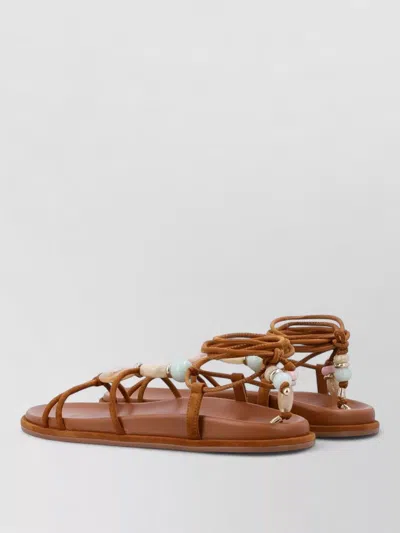 Stuart Weitzman Majorca Flat Beaded Ankle Wrap Sandal In Brown