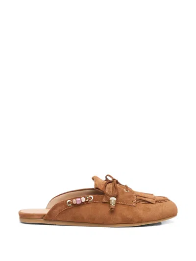 Stuart Weitzman Majorca Tinsley Bead-embellished Fringe Mules In Brown