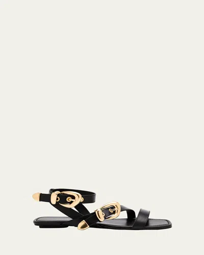 STUART WEITZMAN MAVEN LEATHER BUCKLE FLAT SANDALS