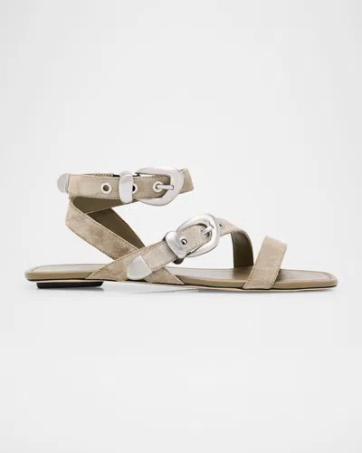 Stuart Weitzman Maven Suede Buckle Flat Sandals In Neutral