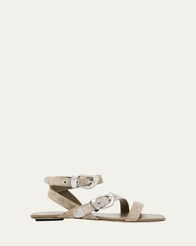 Stuart Weitzman Maven Suede Buckle Flat Sandals In Gold