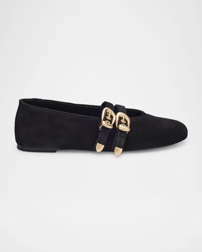 Stuart Weitzman Maven Suede Buckle Mary Jane Ballerina Flats In Black