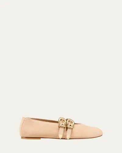Stuart Weitzman Maven Suede Buckle Mary Jane Ballerina Flats In Sand