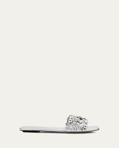 Stuart Weitzman Meadow Metallic Leather Flower Slides In Silver