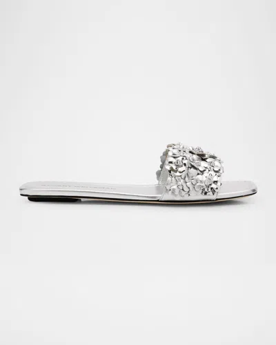 STUART WEITZMAN MEADOW METALLIC LEATHER FLOWER SLIDES