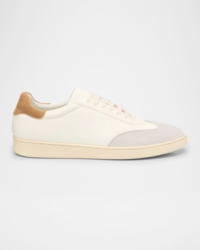 Stuart Weitzman Men's Banner Leather T-toe Low-top Sneakers In White Bianco/oatmeal/biscuit