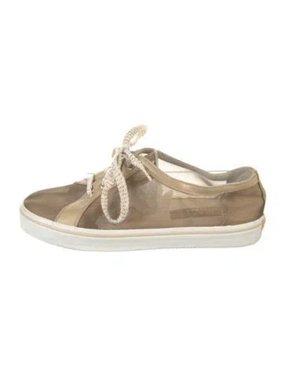 Pre-owned Stuart Weitzman Mesh Leather Trim Embellishment Sneakers In Neutral