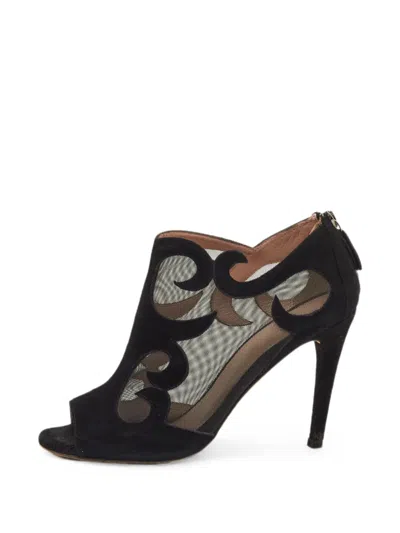 Pre-owned Stuart Weitzman Mesh-panel Open-toe Ankle Boots In Black