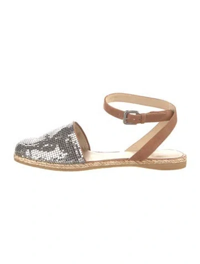 Pre-owned Stuart Weitzman Metal Leather Trim Embellishment D'orsay Flats In Silver