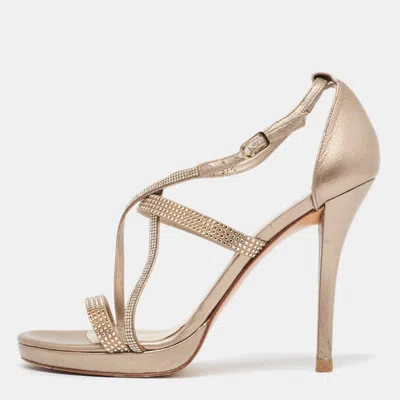 Stuart Weitzman Metallic Gold Leather Crystal Embellished Ankle Strap Sandals In Multi