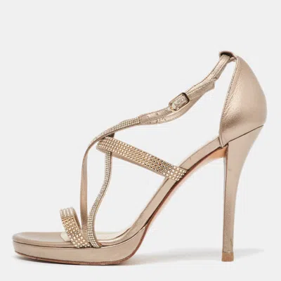 Pre-owned Stuart Weitzman Metallic Gold Leather Crystal Embellished Ankle Strap Sandals Size 37.5
