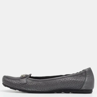 Stuart Weitzman Metallic Grey Perforated Leather Crystal Embellished Slip On Loafers In Gray
