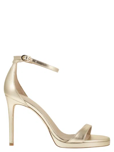 Stuart Weitzman Metallic Leather Platform Sandals With Stiletto Heel In Brown