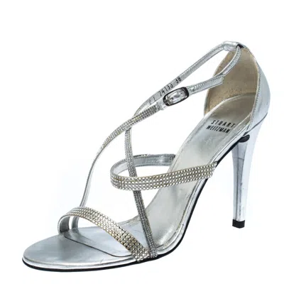 STUART WEITZMAN METALLIC SILVER CRYSTAL EMBELLISHED SANDALS