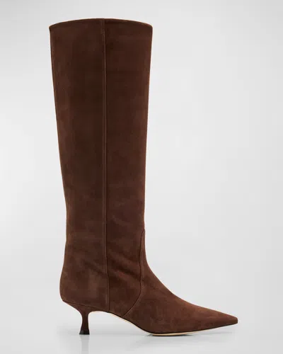 Stuart Weitzman Naomi Suede Kitten Tall Boots In Walnut