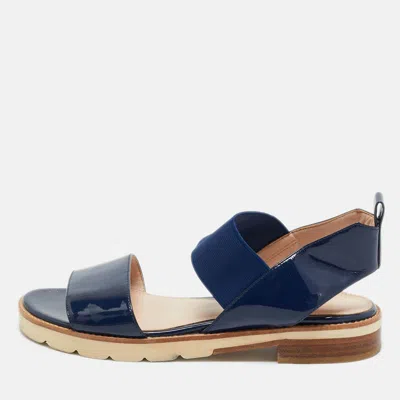 Pre-owned Stuart Weitzman Navy Blue Patent Leather Slingback Sandals Size 38.5