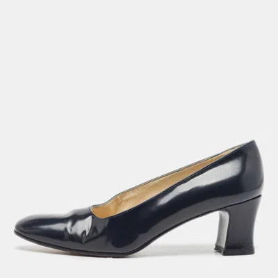 Stuart Weitzman Navy Blue Patent Leather Square Toe Pumps