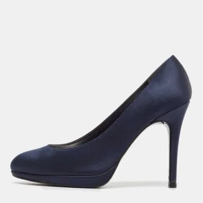 Stuart Weitzman Navy Blue Satin Round Toe Platform Pumps