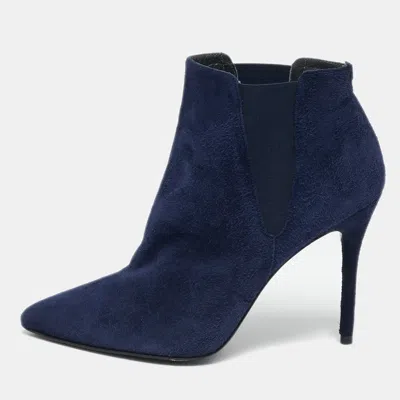 Pre-owned Stuart Weitzman Navy Blue Suede Ankle Length Boots Size 40