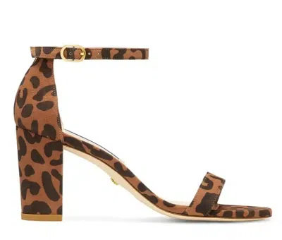 Pre-owned Stuart Weitzman Nearlynude Block Heel Sandals, Cappuccino Cheetah Suede In Brown