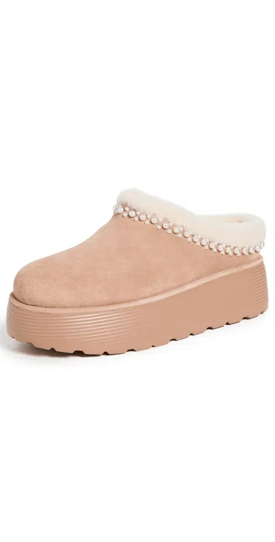 Stuart Weitzman Nellie Pearl Flatfrom Mules New Camel/cream