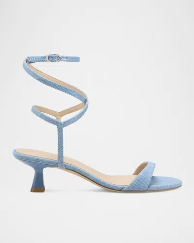 Stuart Weitzman Nudist Denim Ankle-strap Kitten Sandals In Washed