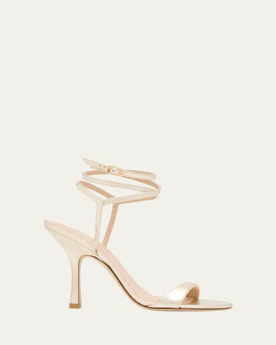 Stuart Weitzman Nudist Metallic Leather Stiletto Wrap Sandals In Nude