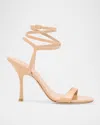 Stuart Weitzman Nudist Patent Leather Ankle-wrap Sandals In Adobe