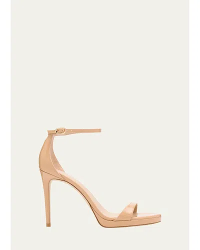 Stuart Weitzman Nudist Patent Leather Stiletto Platform Sandals In Beige