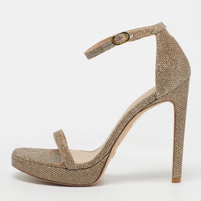 Pre-owned Stuart Weitzman Nudist Size 37 Gold Glitter Ankle Strap Platform Sandals
