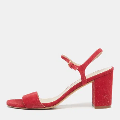 Pre-owned Stuart Weitzman Nudist Size 38.5 Red Suede Ankle Strap Sandals