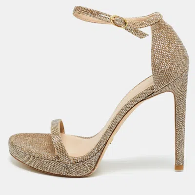 Pre-owned Stuart Weitzman Nudist Size 39.5 Gold Metallic Lurex Fabric Ankle Strap Sandals