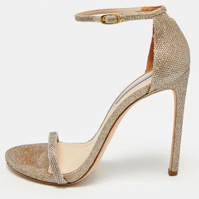 Pre-owned Stuart Weitzman Nudist Size 41.5 Gold Metallic Lurex Fabric Ankle Strap Sandals