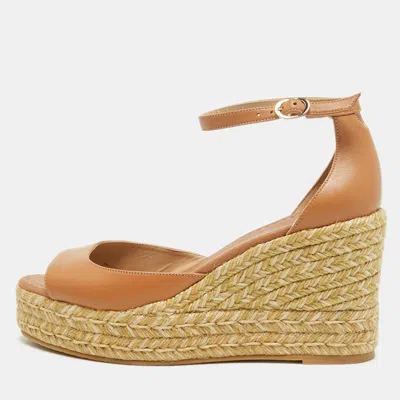 Pre-owned Stuart Weitzman Nudistia Size 38 Brown Leather Ankle Strap Espadrille Wedge Sandals
